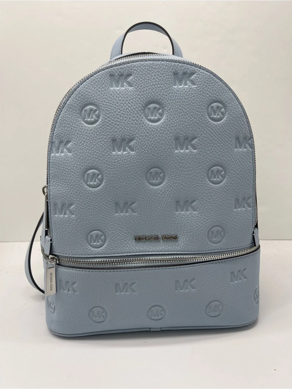 Michael Kors Rhea Medium Zip Logo Debossed Backpack Pale Ocean NWT